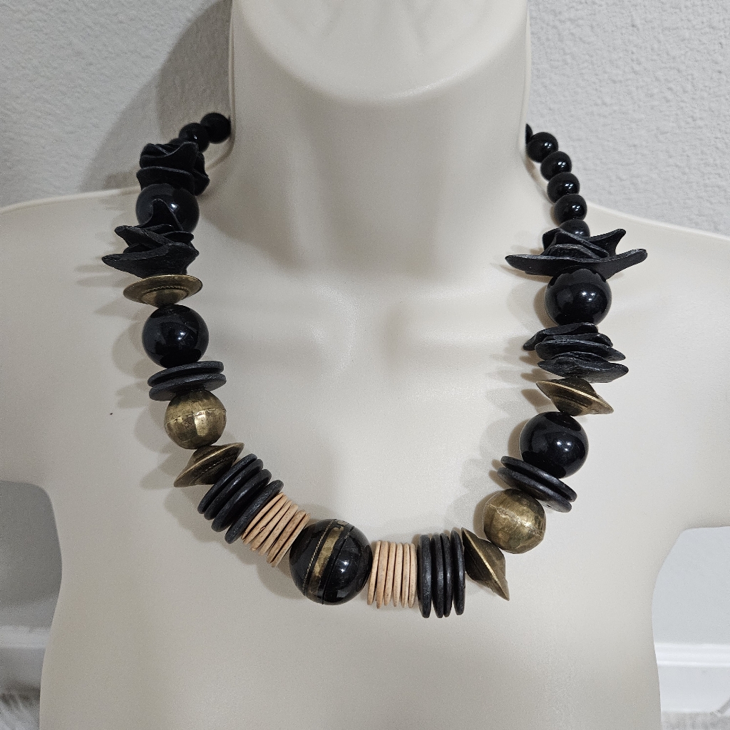 Signed Black And Gold Beaded Necklace